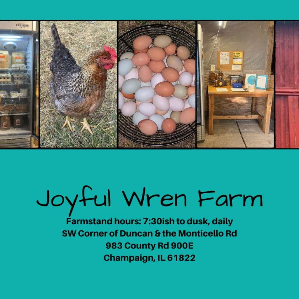Five photos in a horizontal row. From left to right: A picture of the full farmstand fridge, a welbar chicken, a basket of our eggs, the farm stand table, the red barn wall.